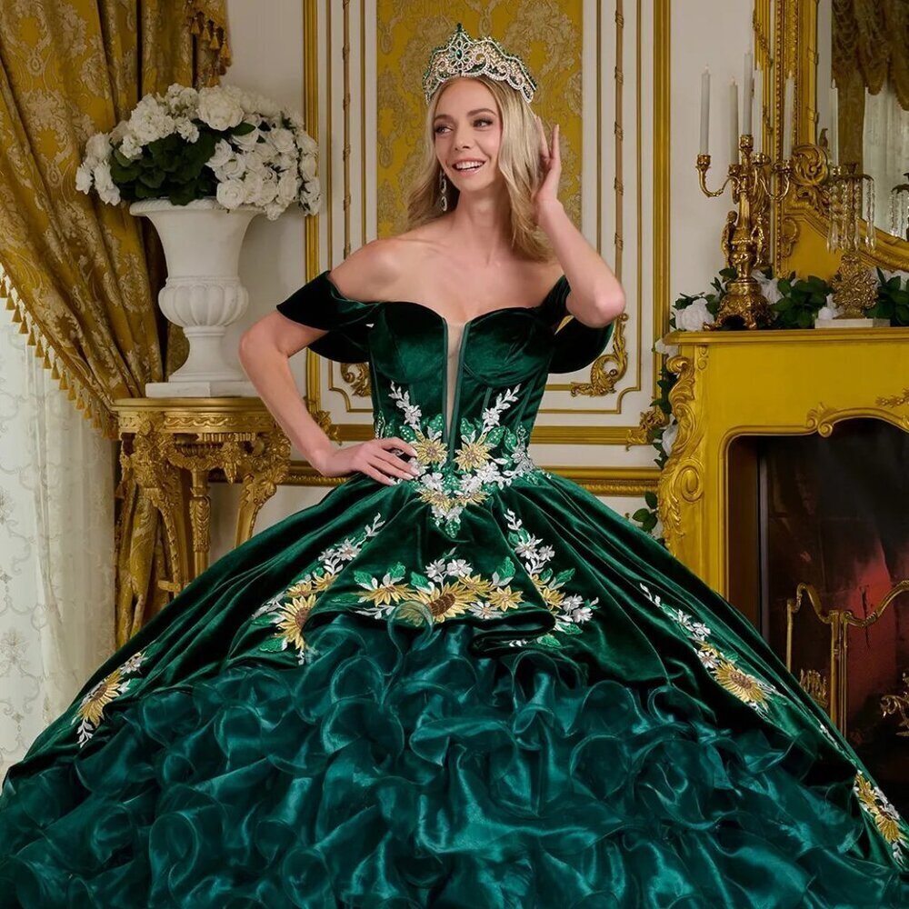New Off Shoulder Long Quinceanera Velvet Dress w/ Floral Lace Applique GL3637